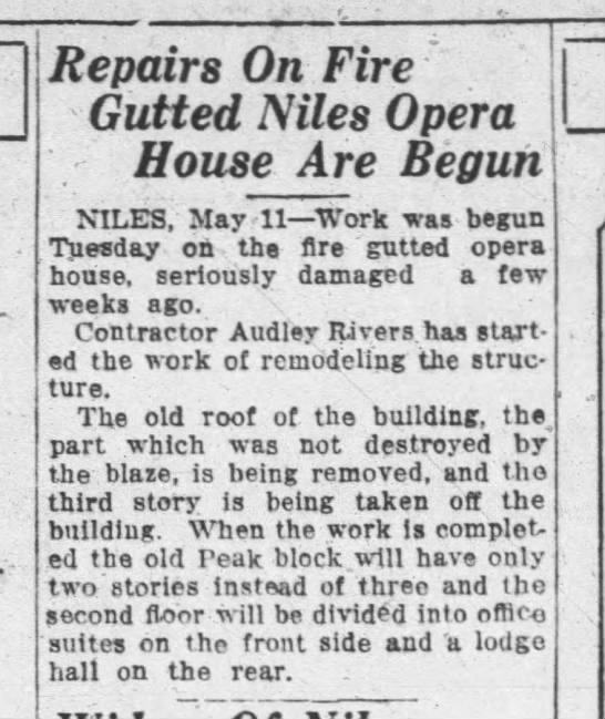 Niles Opera House - 11 MAY 1927 FIRE